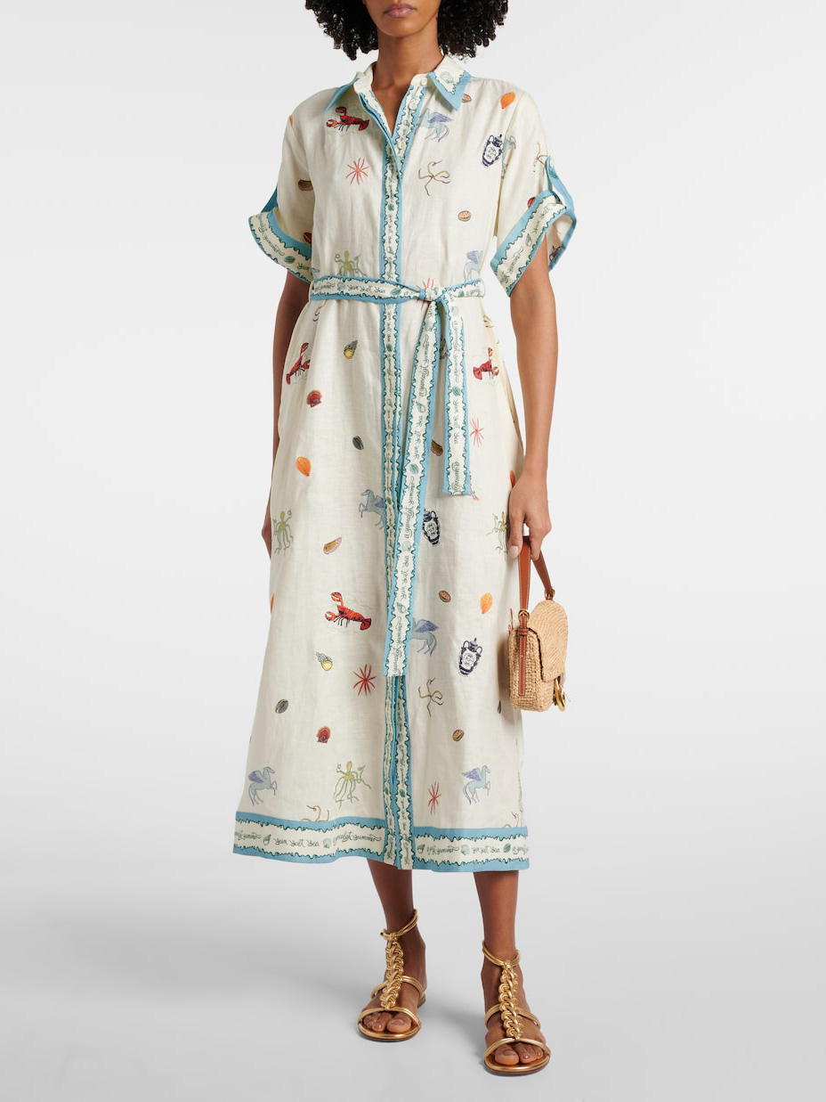 Fresh Ocean Lobster Print Lace-up Midi Shirt Dress