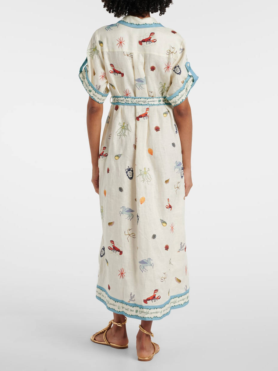 Fresh Ocean Lobster Print Lace-up Midi Shirt Dress