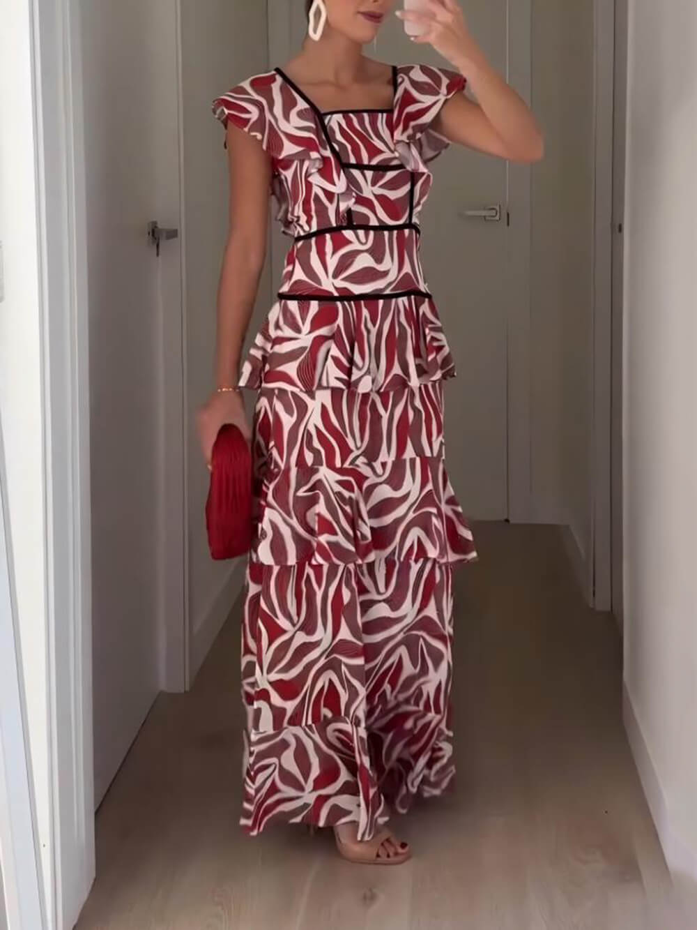 Retro Unique Layered Print Contrast Ruffle Trim Maxi Dress