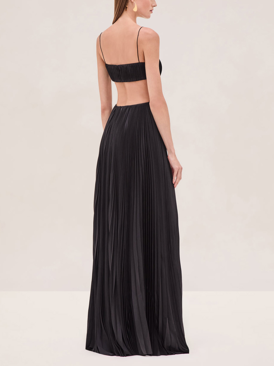Elegant Pleated Cutout Flowy Party Maxi Dress