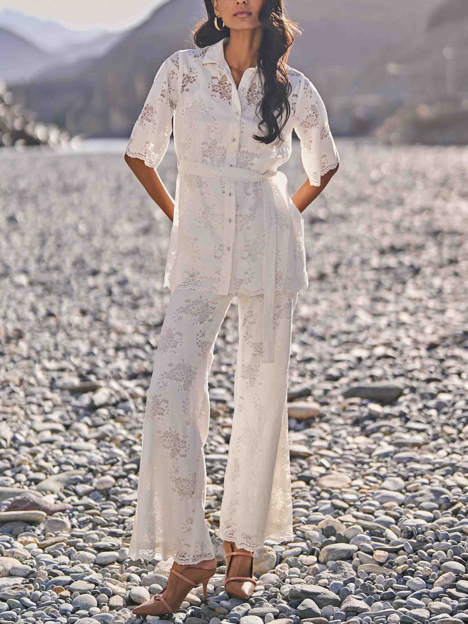 Elegant Floral Lace Elastic Waist Flared Pants