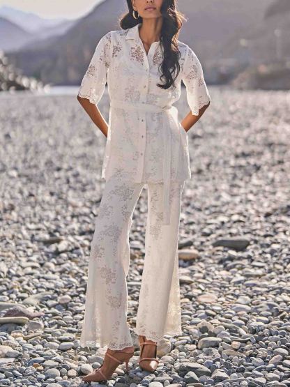 Elegant Floral Lace Elastic Waist Flared Pants