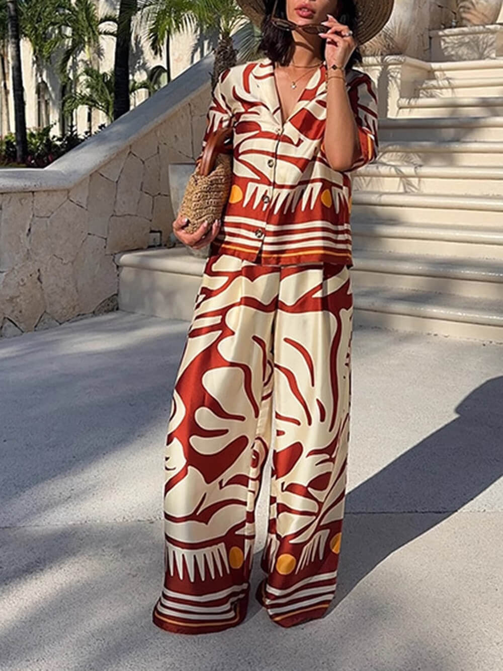 Unique Printed Satin High-Waisted Wide-Leg Pants