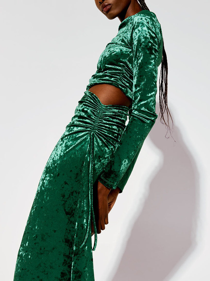 Modern Cutout Shirred Diamond Velvet Maxi Dress