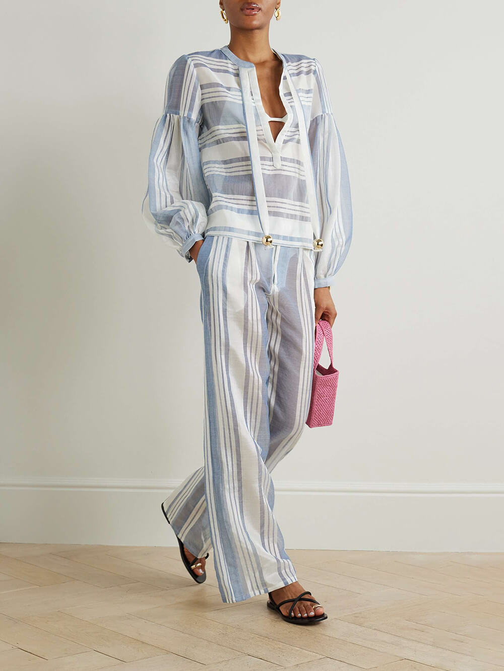 Retro Striped Print Pockets Straight-Leg Pants