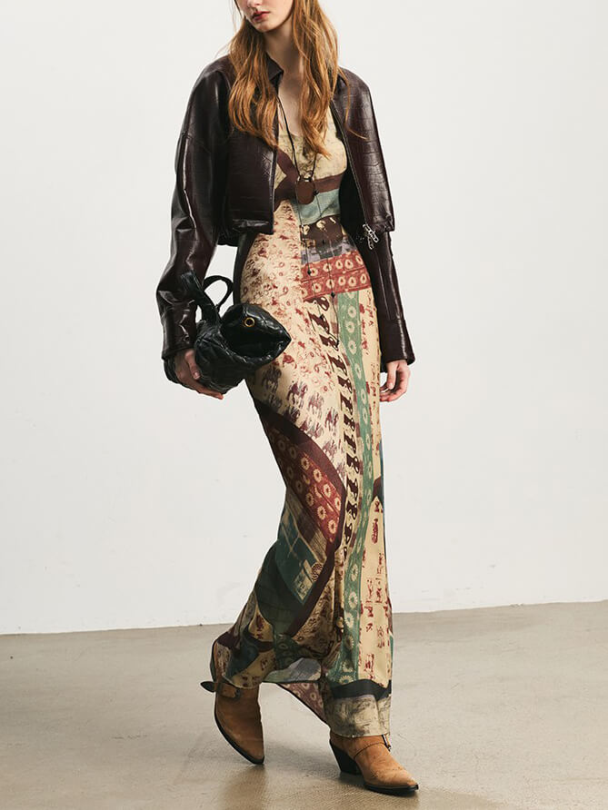 Vintage Oil Painting Floral Print V Neck Maxi Dress