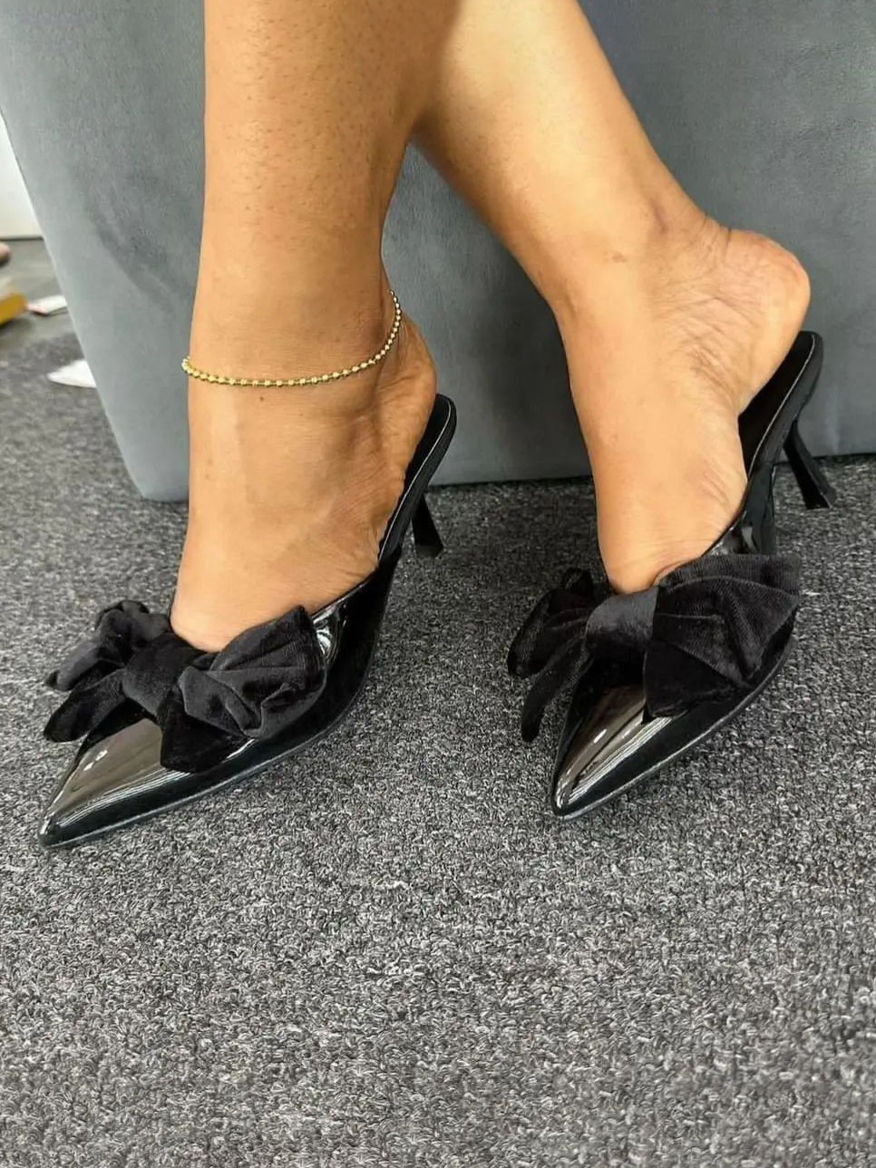 Patent Leather Pointed Bow High Heel Sandals