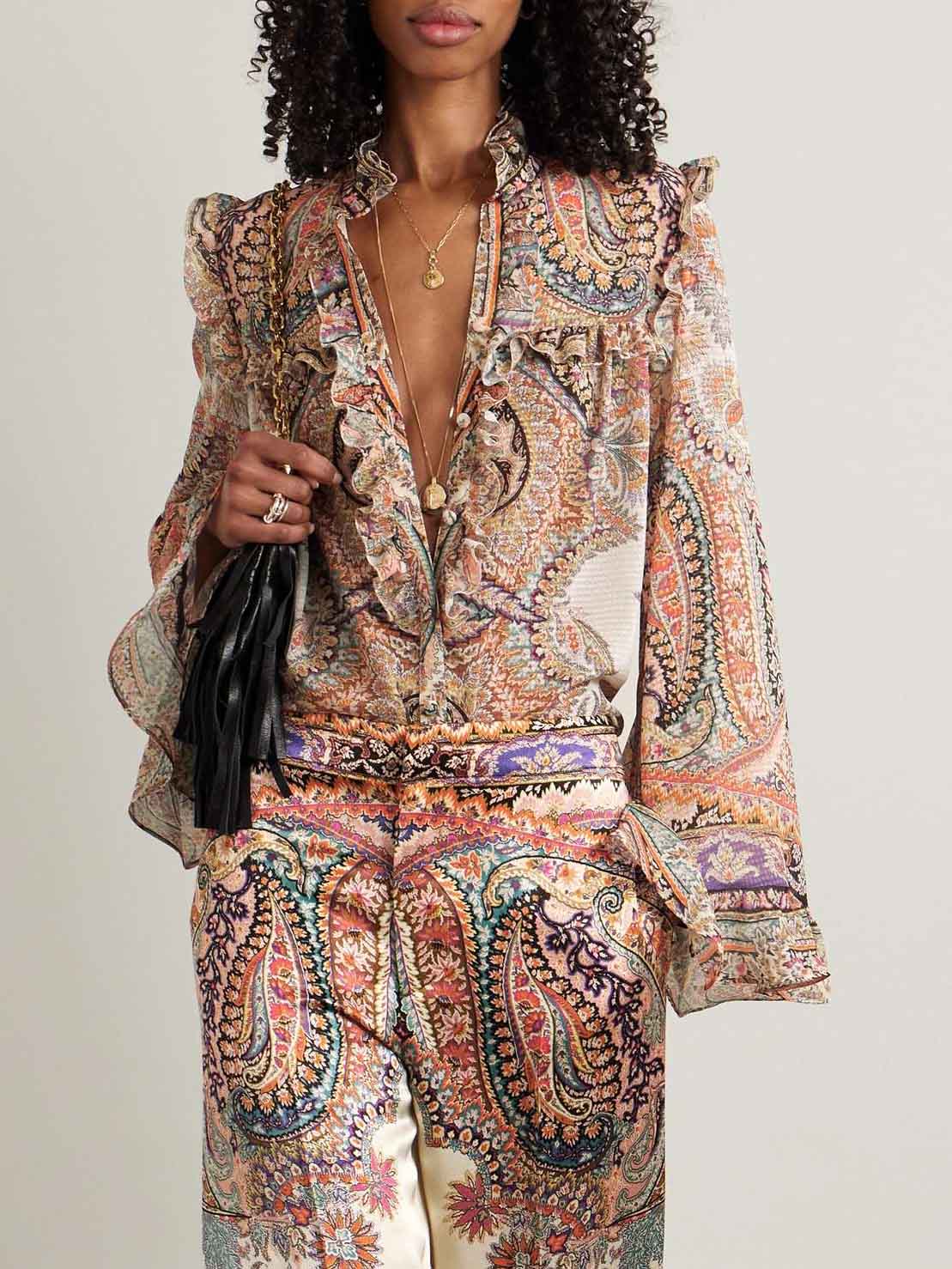 Exquisite Vintage Paisley Print Ruffled Shirt