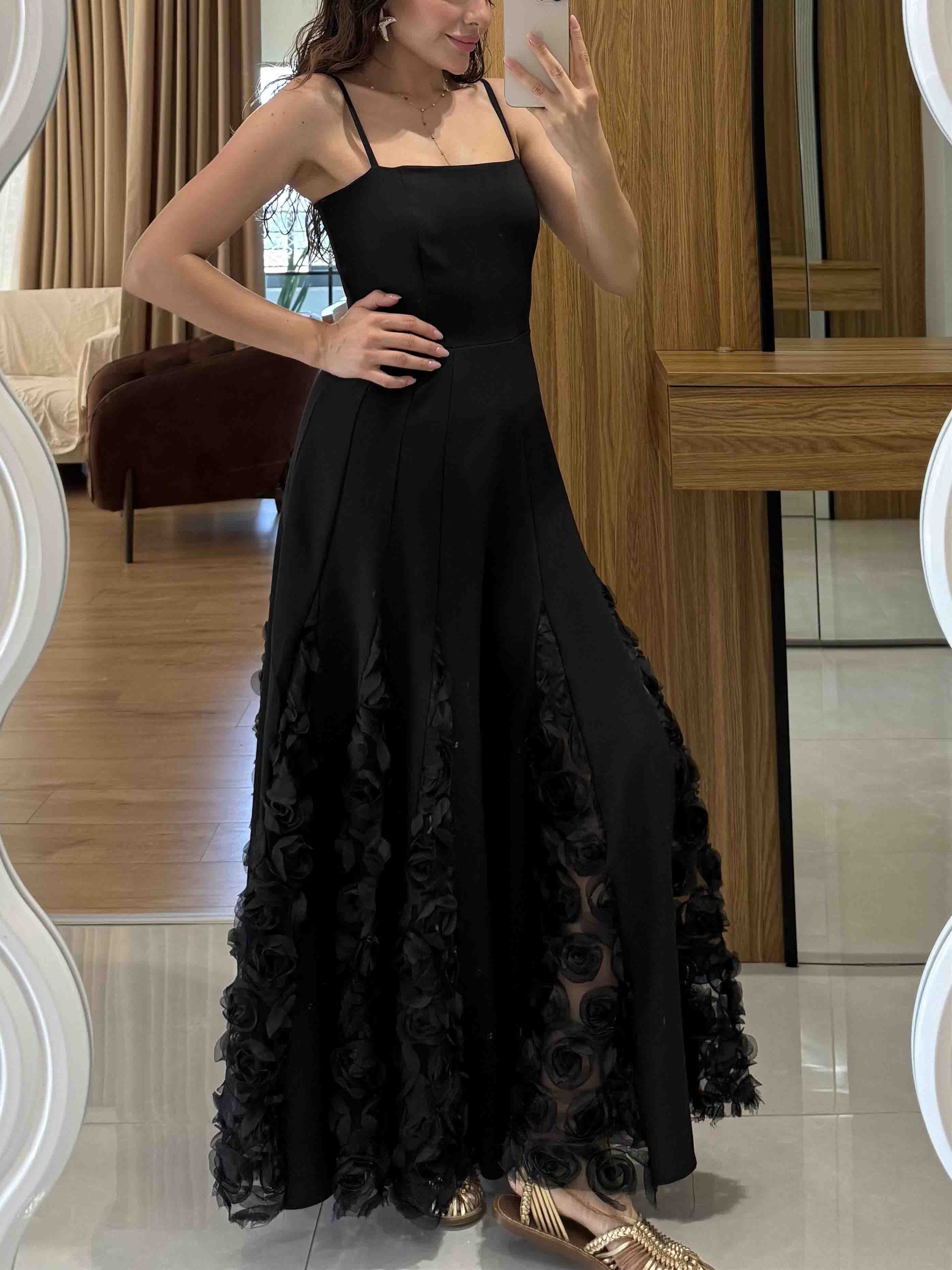 Elegant Rose Floral Applique Spaghetti Strap Midi Dress