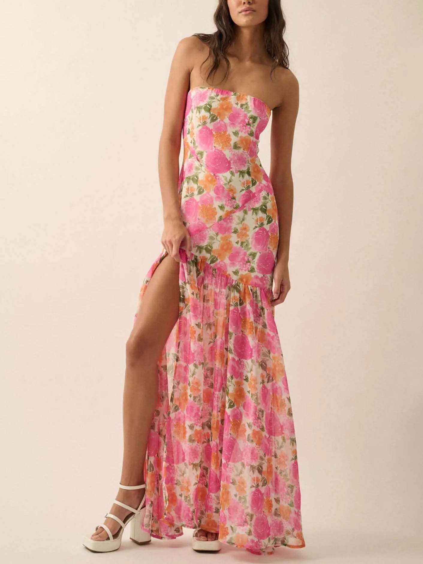 Romantic Strapless Floral Slit Maxi Dress