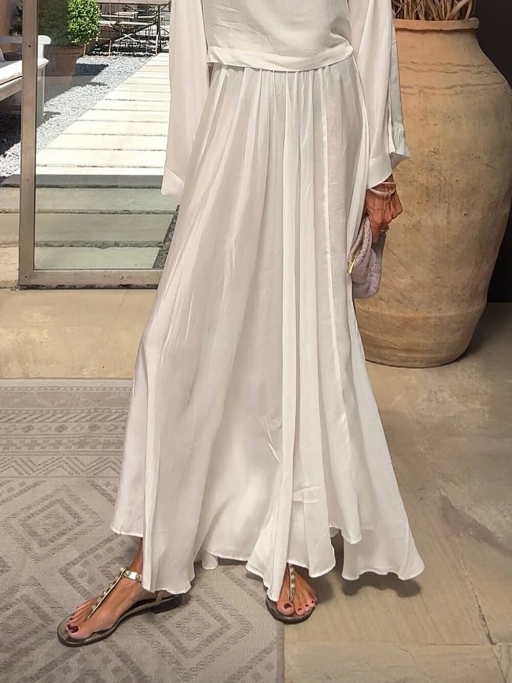 Elegant Unique Satin Ruched Flared Wide Swing A-Line Skirt