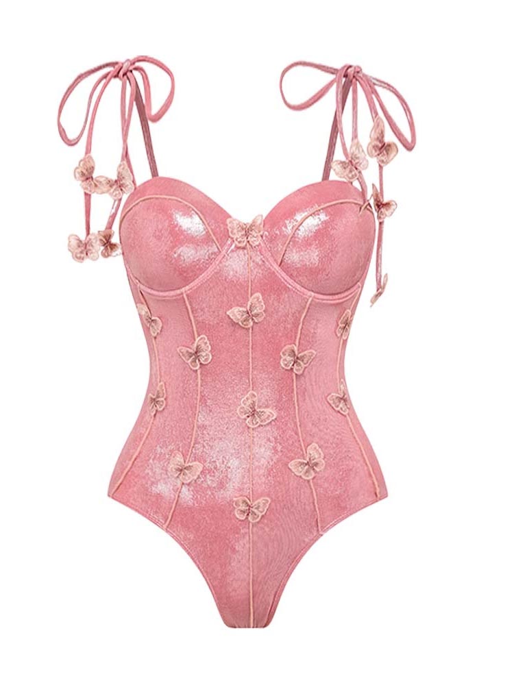 Sweetie Butterfly Embellished Shiny One-piece Swimsuit