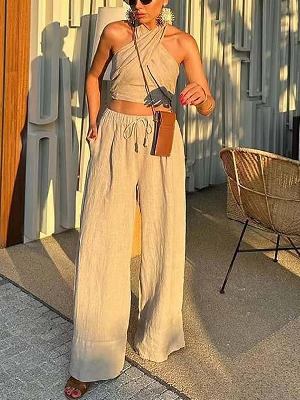 Cross Halter Tank Top And Wide Leg Pants Suit-Tank Top