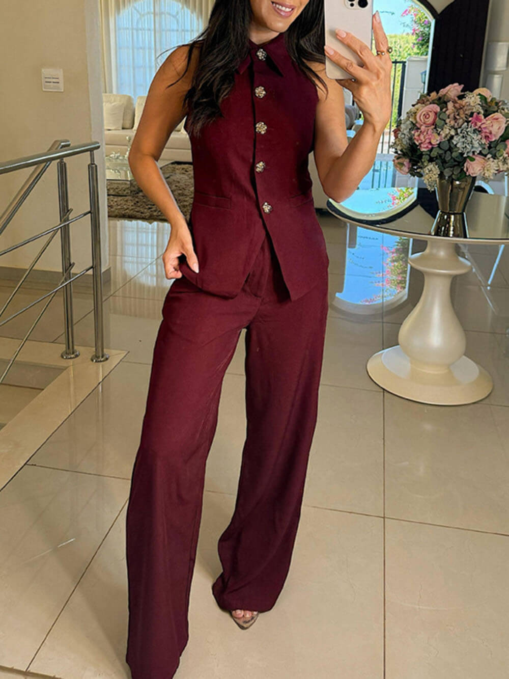 Perfect Charm Elegant High Neck Solid Color Button Vest Top