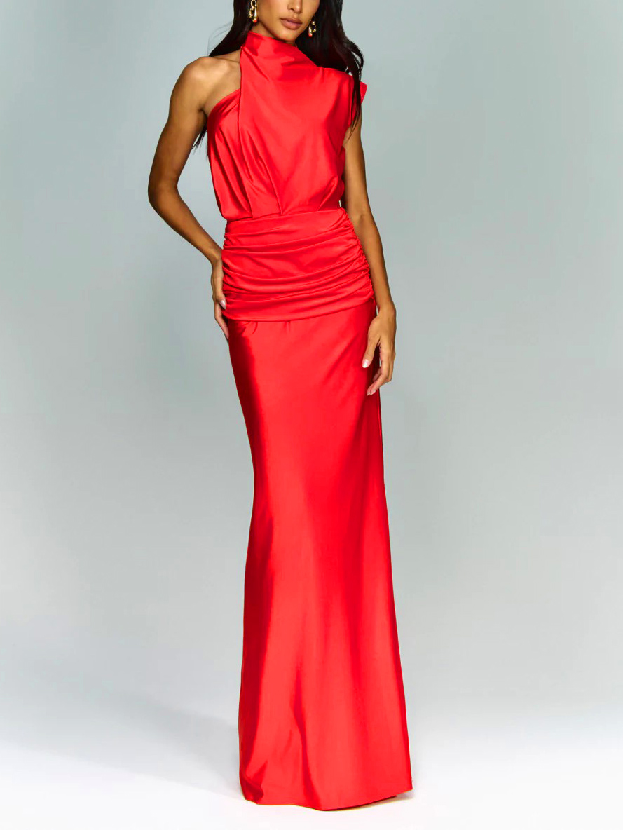 Elegant Asymmetric Neckline Pleated Party Maxi Dress
