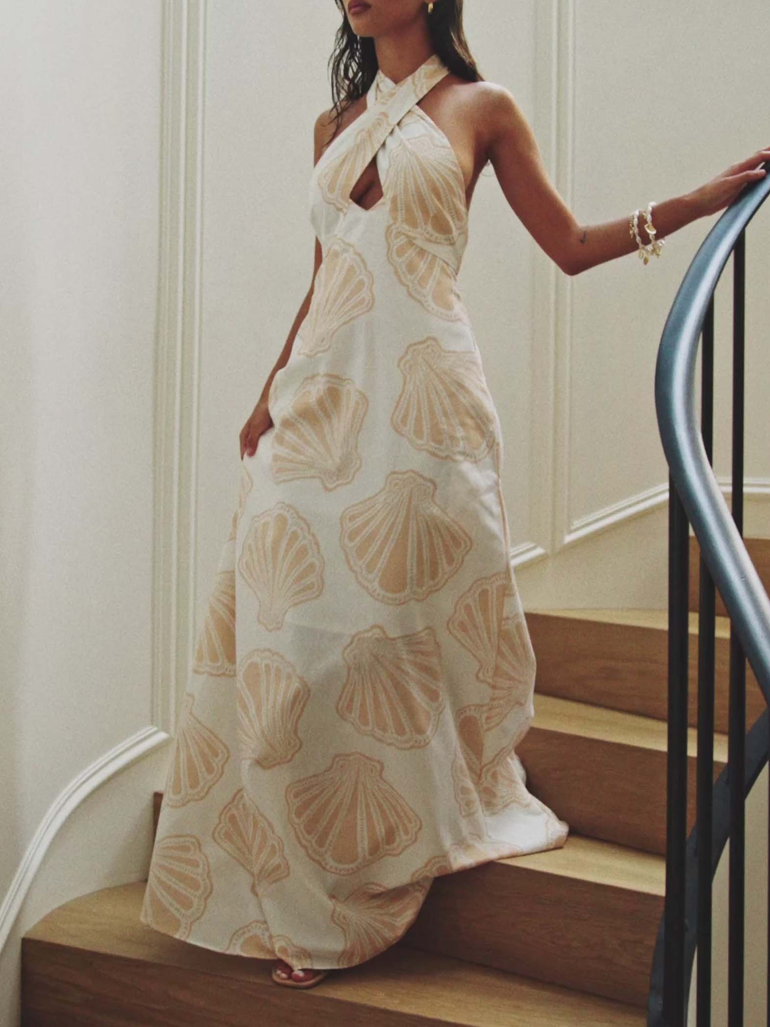 Exquisite Casual Scallop Print Cross-neck Maxi Dress