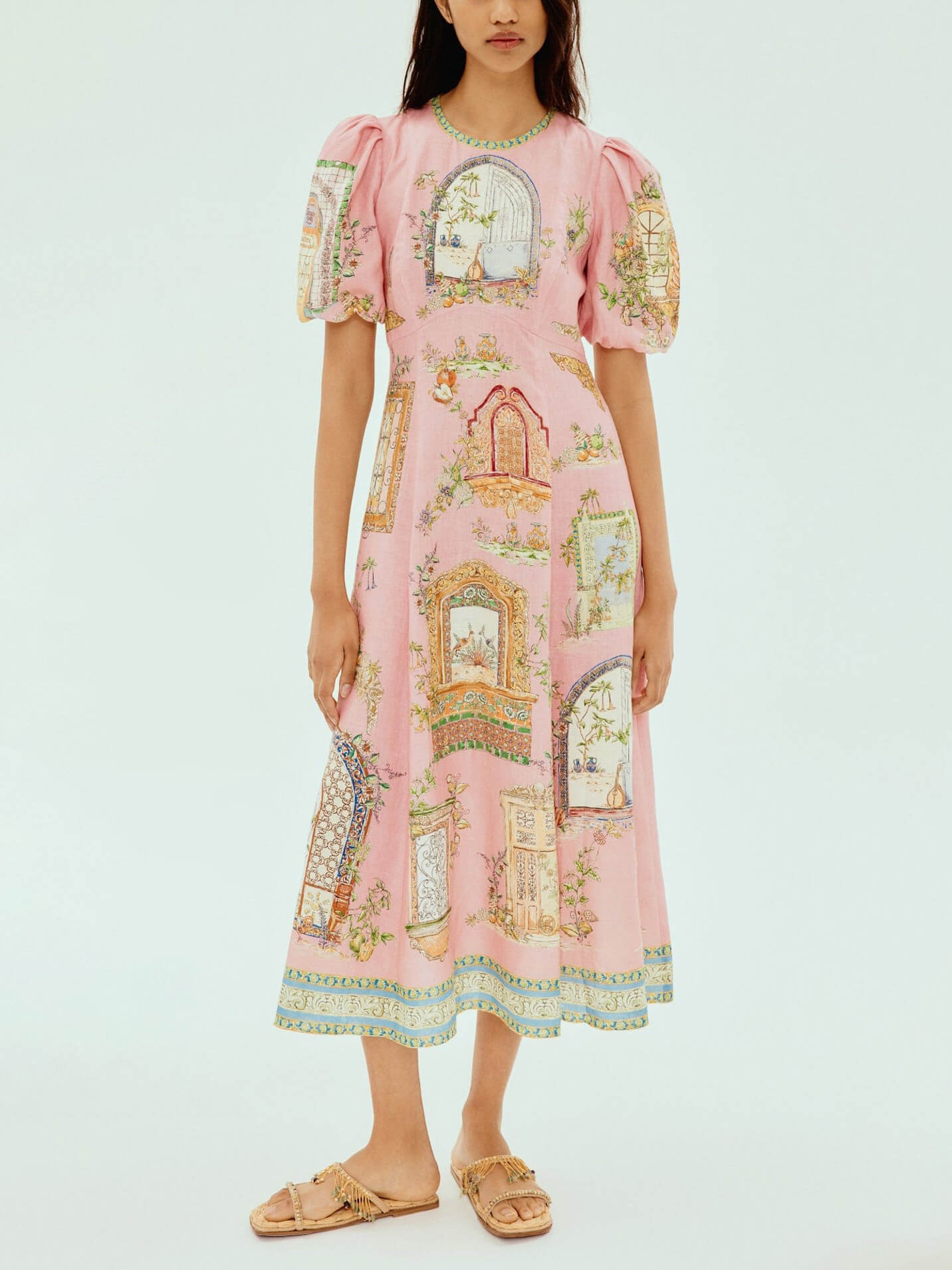 Exquisite Garden Print Puff Sleeve A-Line Midi Dress