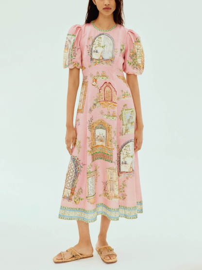 Exquisite Garden Print Puff Sleeve A-Line Midi Dress