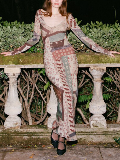 Vintage Oil Painting Floral Print V Neck Maxi Dress