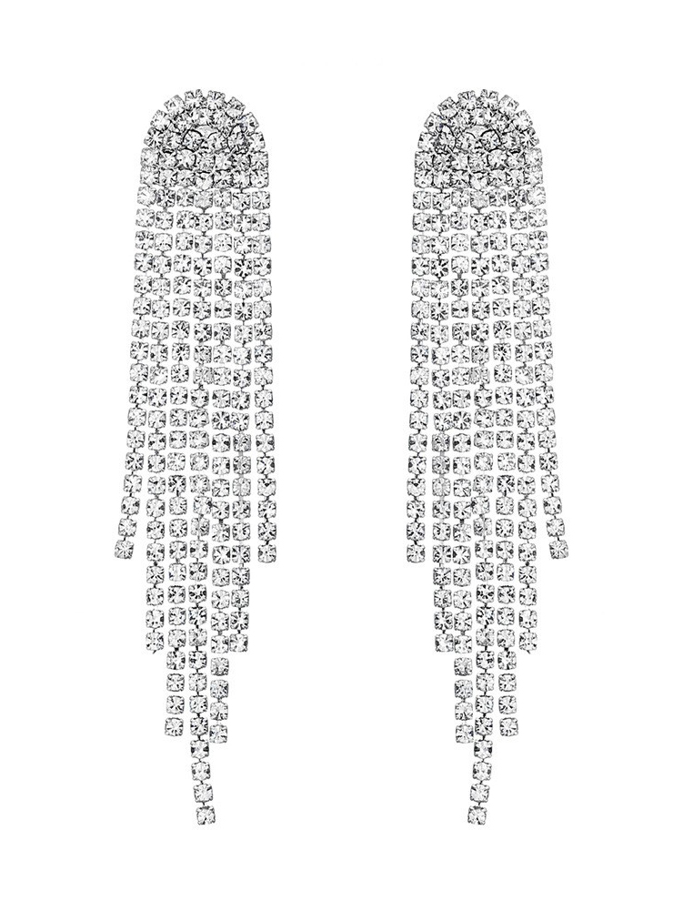 Geometric Diamond Rhinestone Long Tassel Earrings