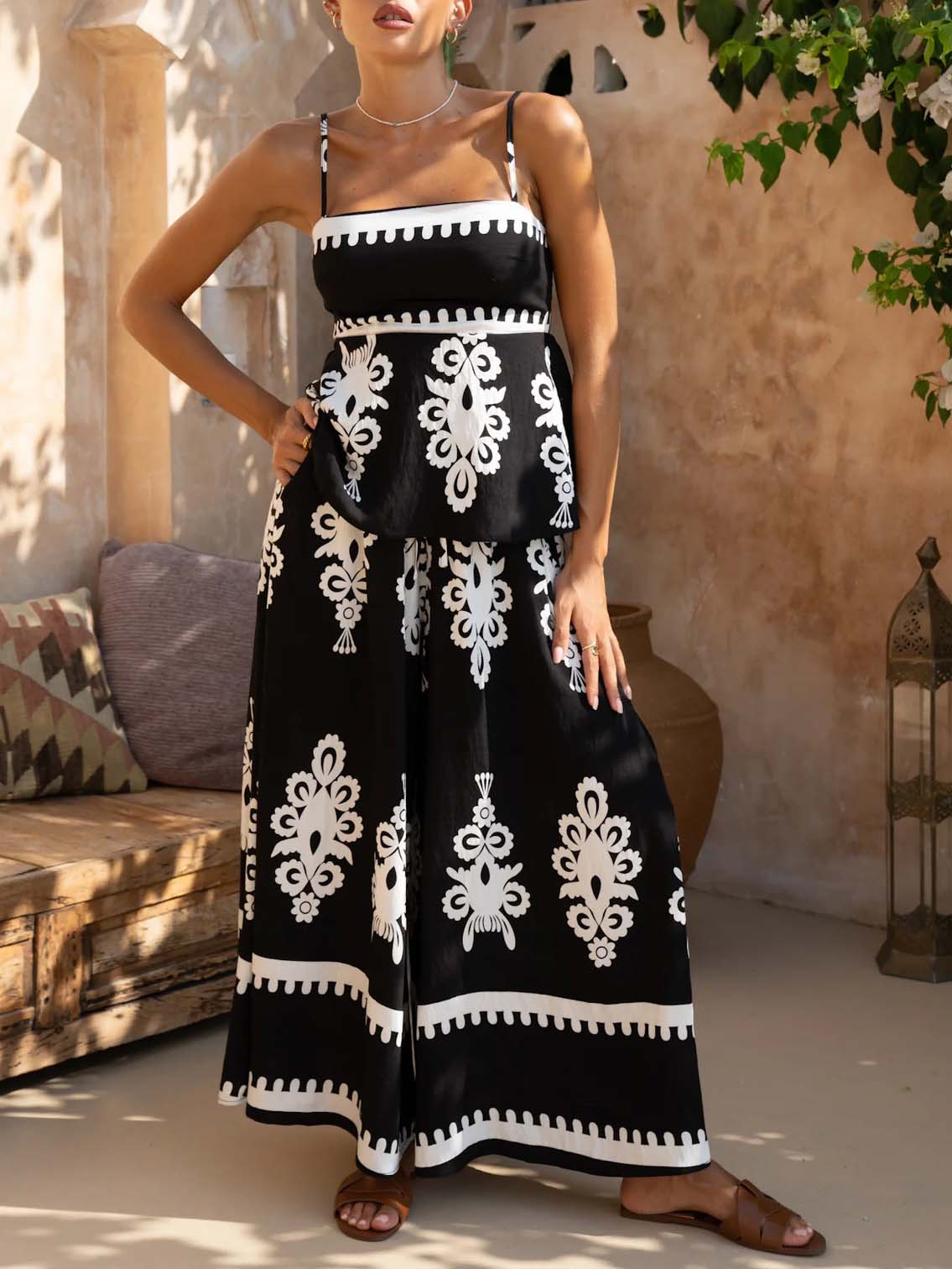 Exquisite Ethnic Style Contrasting Loose Wide-leg Pants