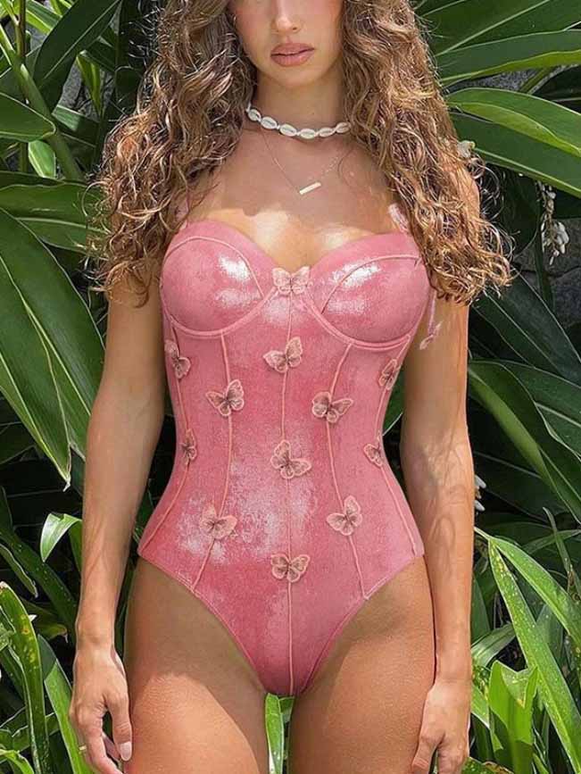 Sweetie Butterfly Embellished Shiny One-piece Swimsuit