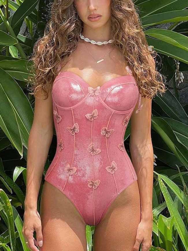 Sweetie Butterfly Embellished Shiny One-piece Swimsuit