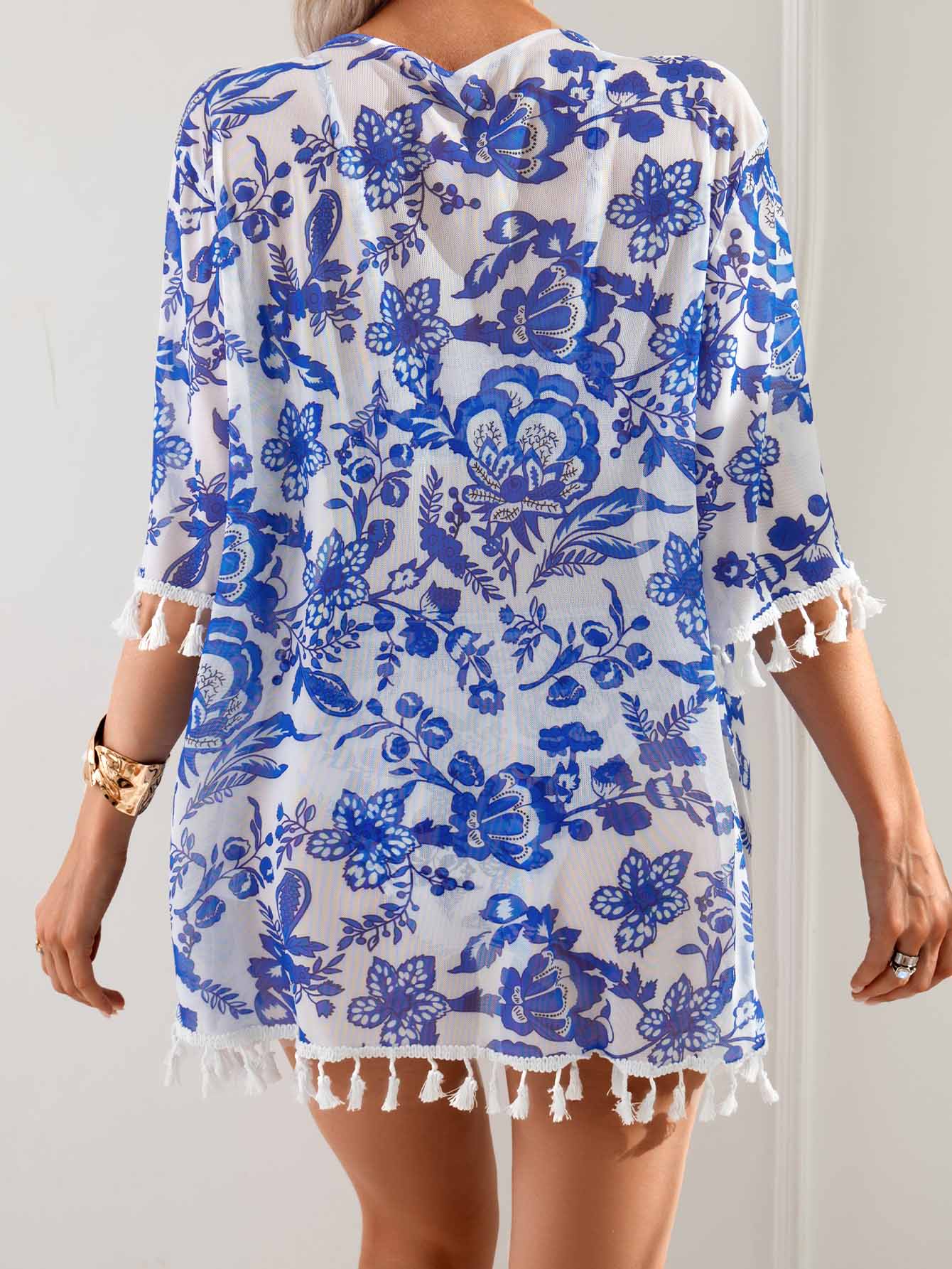 Blue And White Porcelain Print Cover-up Swimsuit Three-Piece Set
