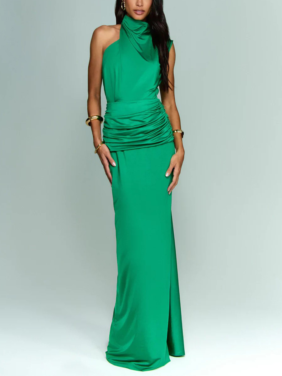 Elegant Asymmetric Neckline Pleated Party Maxi Dress