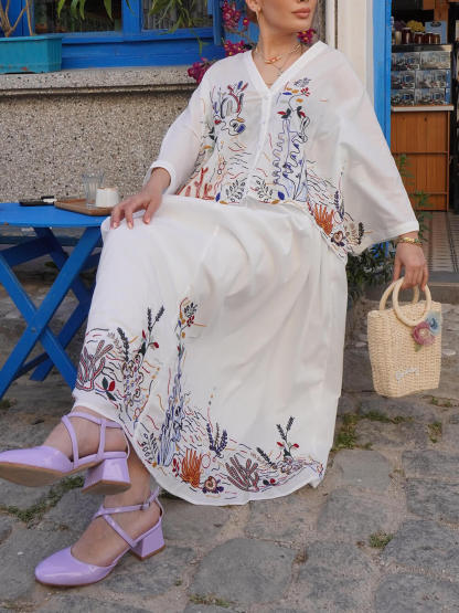 Elegant Embroidered Print Loose Tie Elastic Waist Skirt