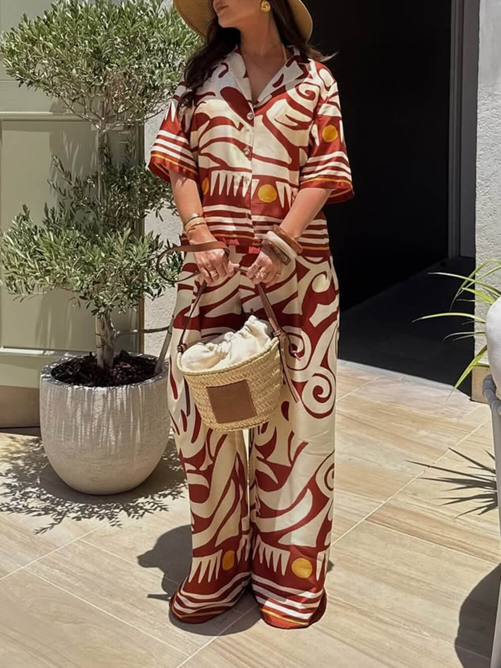 Unique Printed Satin High-Waisted Wide-Leg Pants