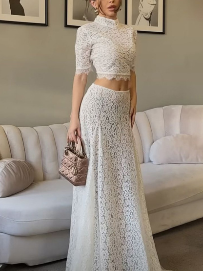 Elegant Hollow Lace Short-sleeved Top