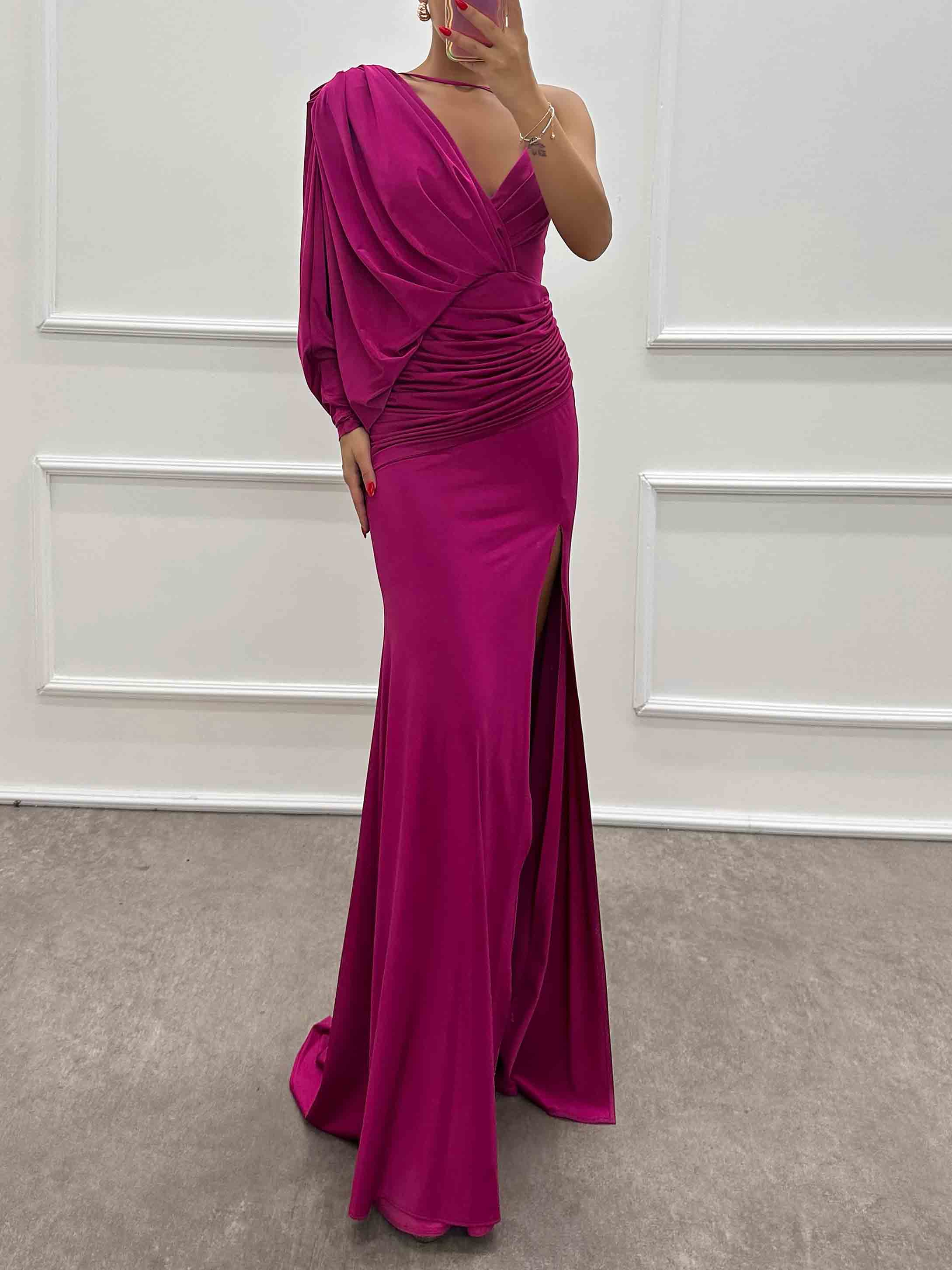 Fashion V-Neck Pleated Slit Sexy Maxi Dress