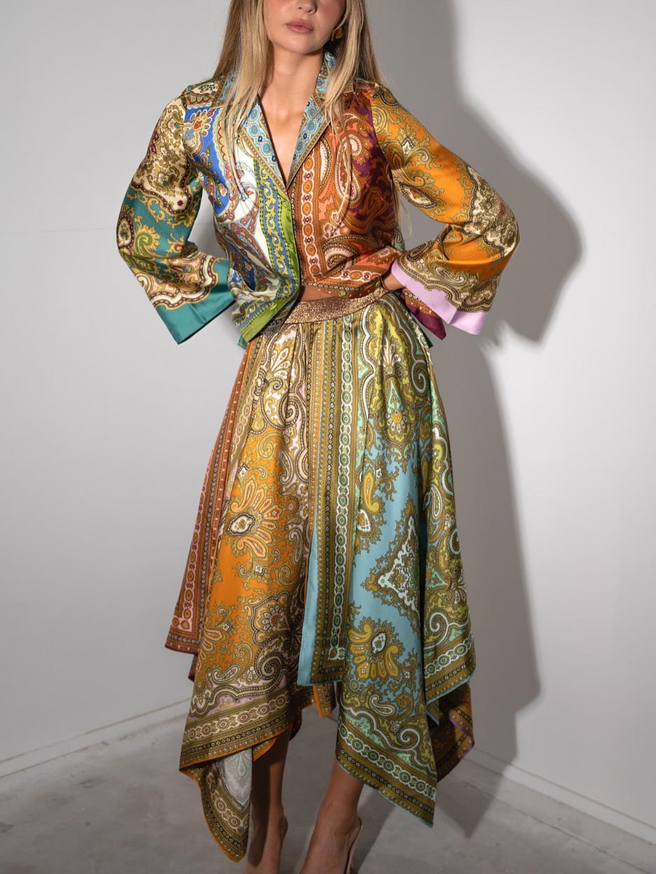 Retro Paisley Print Satin Irregular Skirt