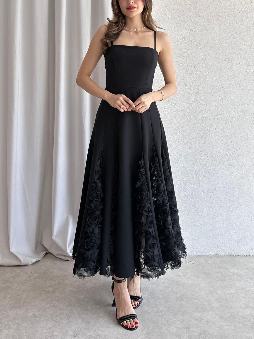 Elegant Rose Floral Applique Spaghetti Strap Midi Dress