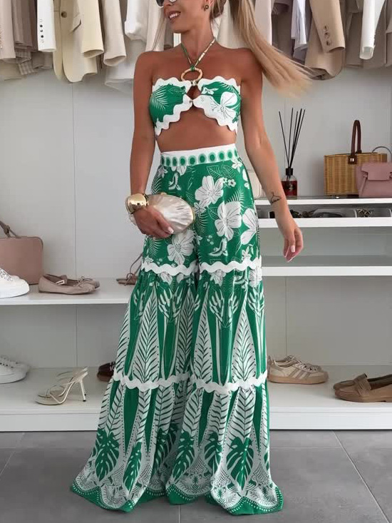 Casual Floral Print Tie Top Wide-leg Pants Two-piece Set