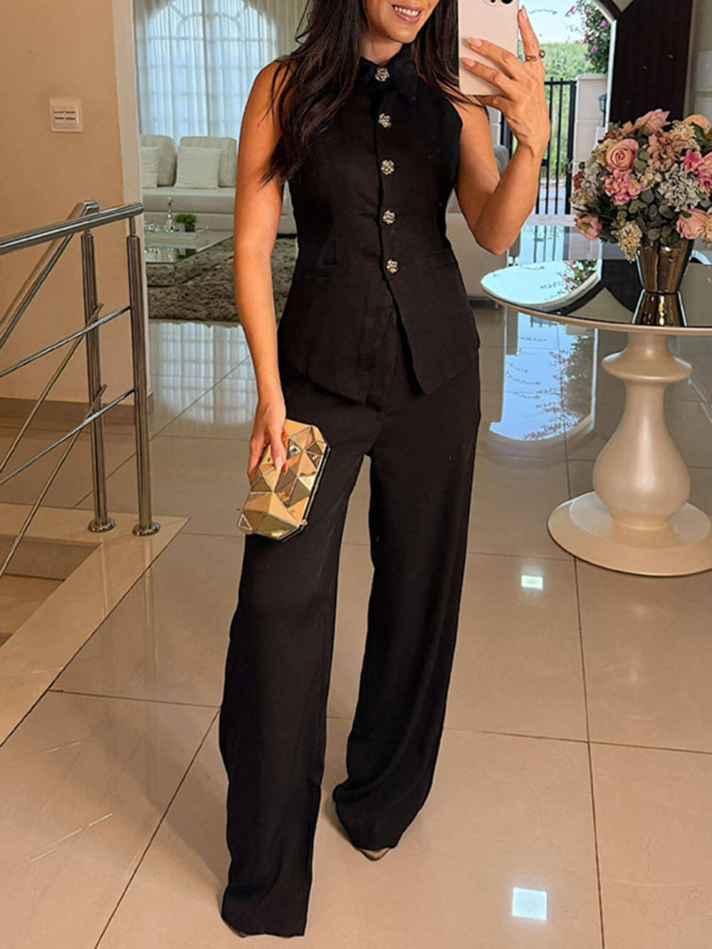 Perfect Charm Elegant High Neck Solid Color Button Vest Top