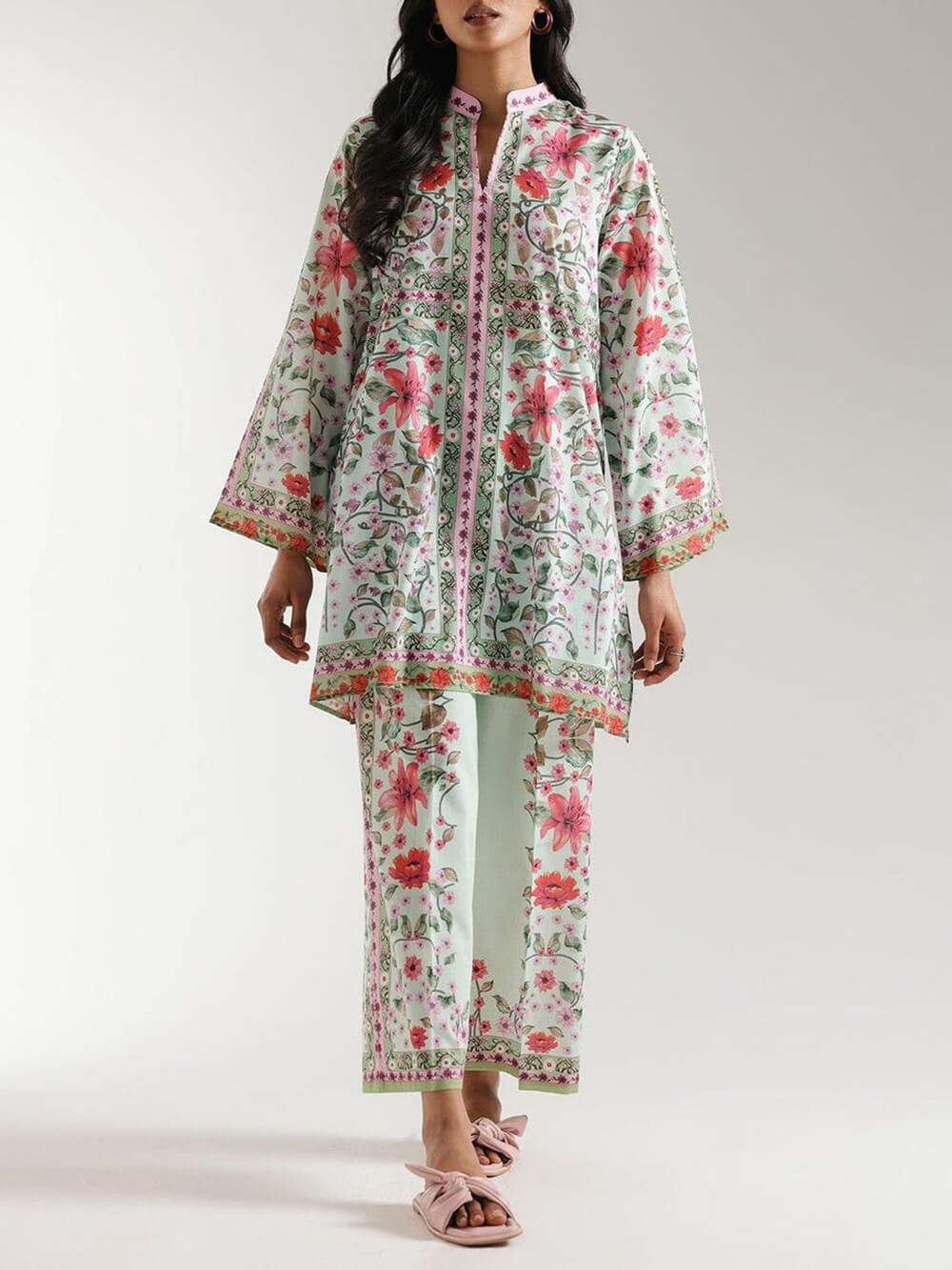 Unique Satin Symmetrical Floral Print Half-Collar Oversized Shirt