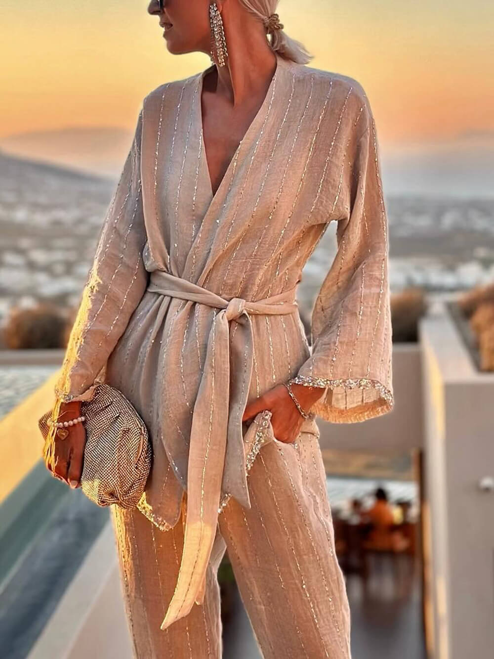 Santorini Sunset Sequin Stripe Paneled Pocket Straight Leg Pants