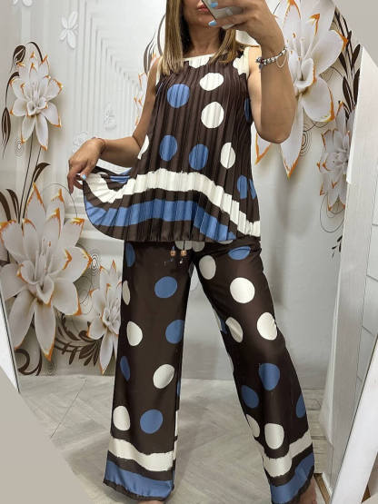 Retro Ruched Circular Print Colorblock Elastic-Waist Pocket Wide-Leg Pants