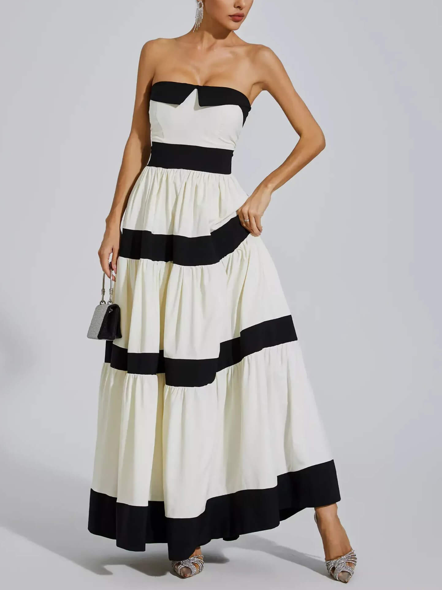 Elegant Striped Bow A-Line Maxi Dress