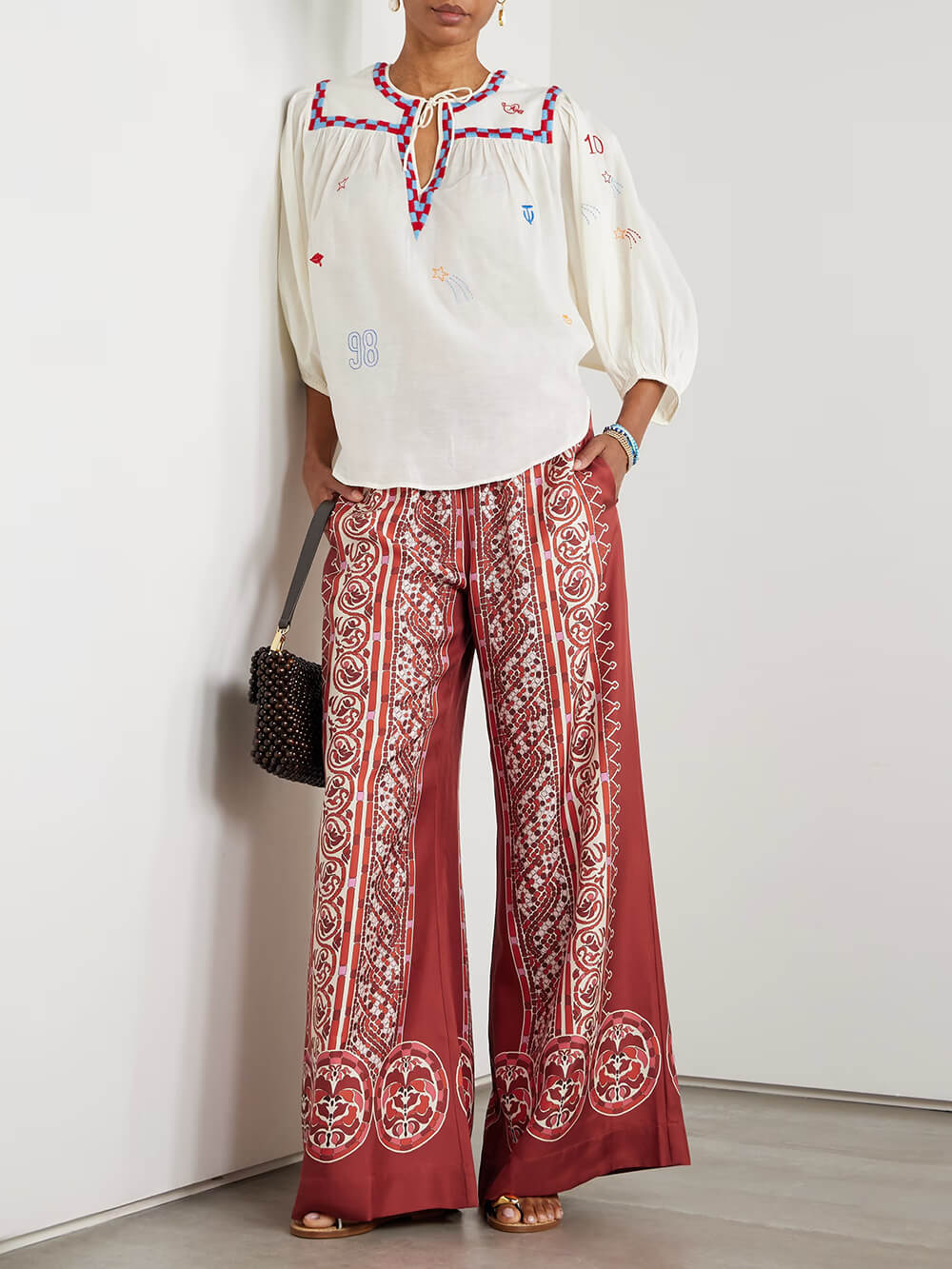 Retro Unique Print Satin Twill Wide-Leg Pants