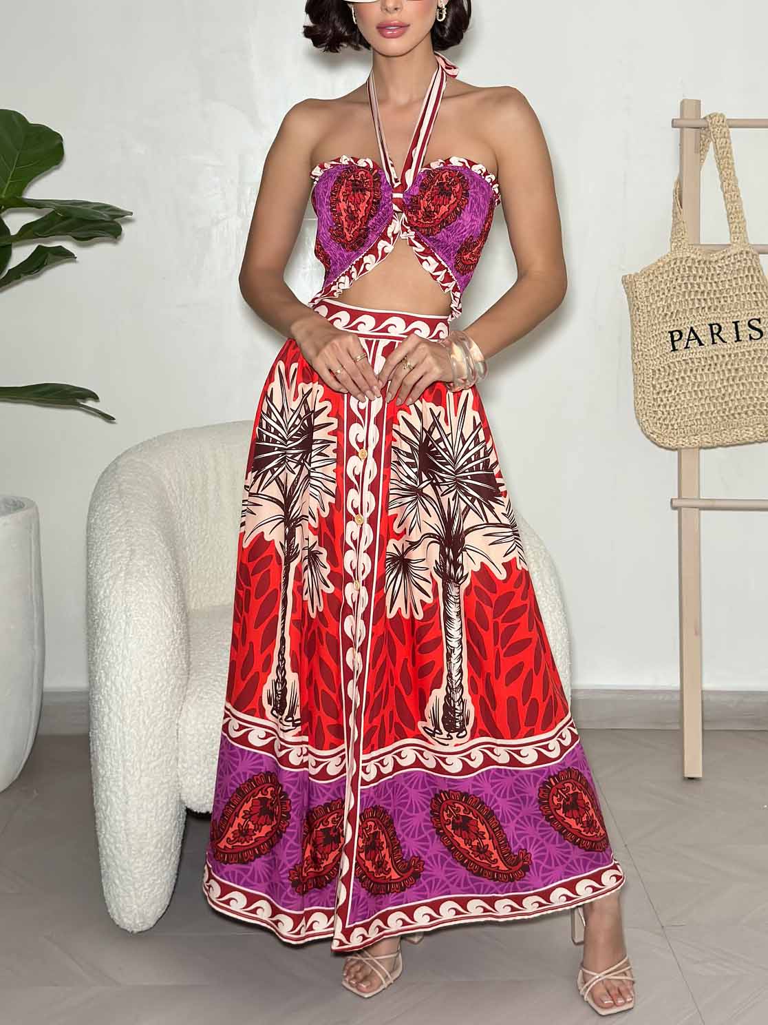 Retro Paulownia Palm Tree Printed Skirt Two Piece Set