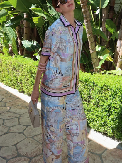 Unique Contrast Patchwork Print Loose Button-Down Oversized Shirt