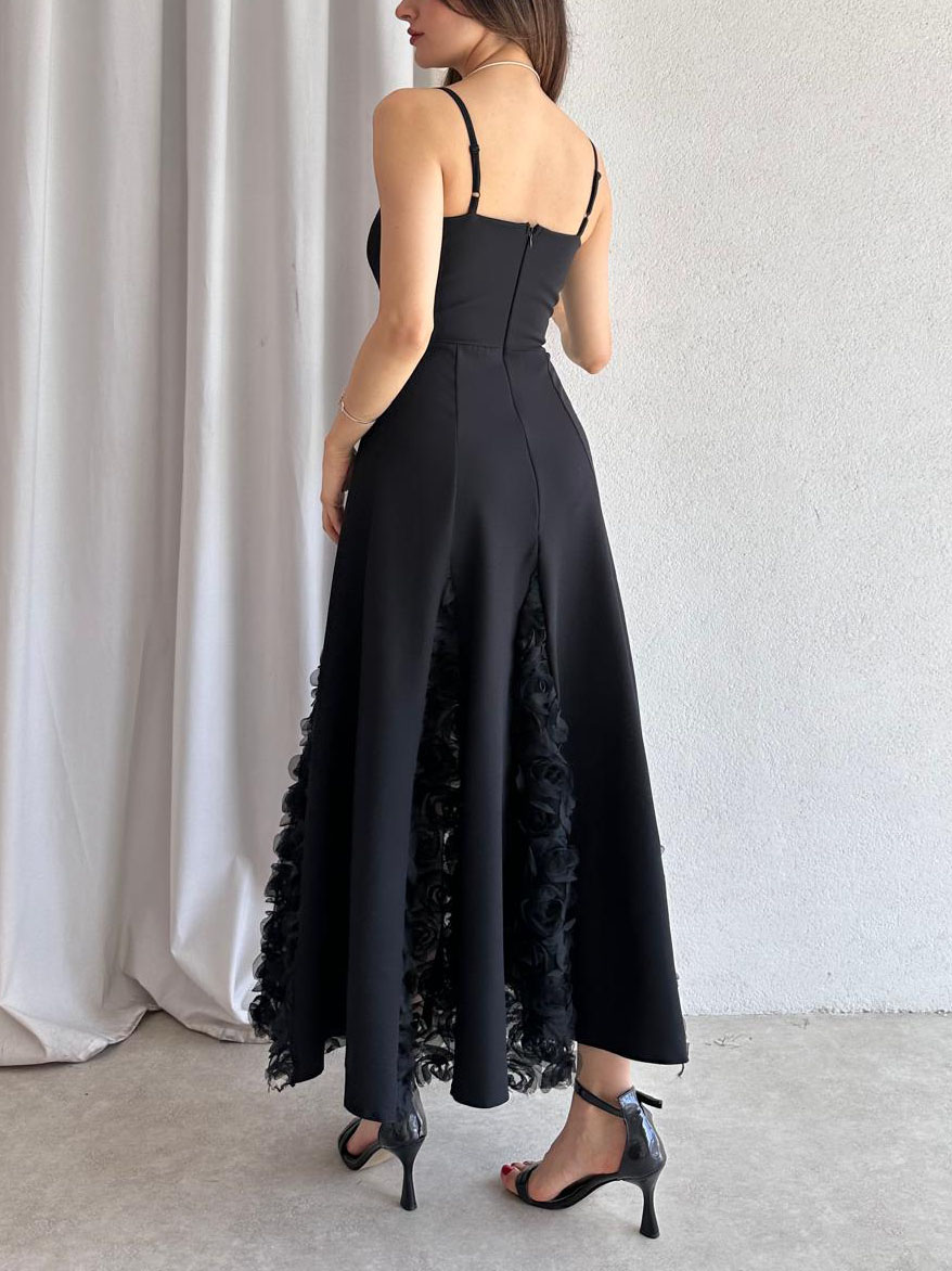 Elegant Rose Floral Applique Spaghetti Strap Midi Dress