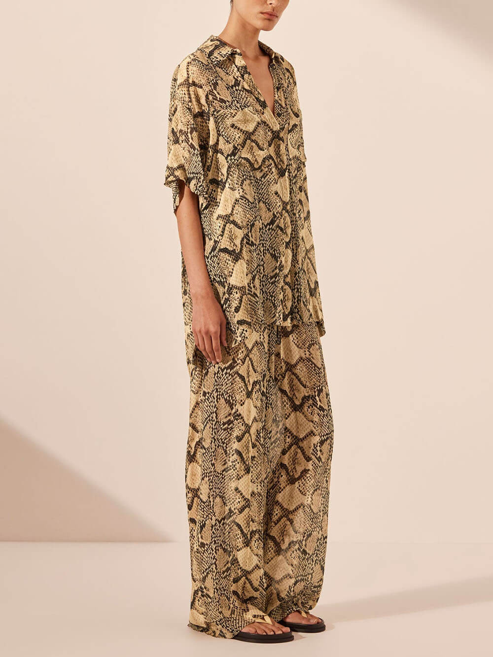 Modern Feel Satin Unique Snake Print Button Down Loose Shirt