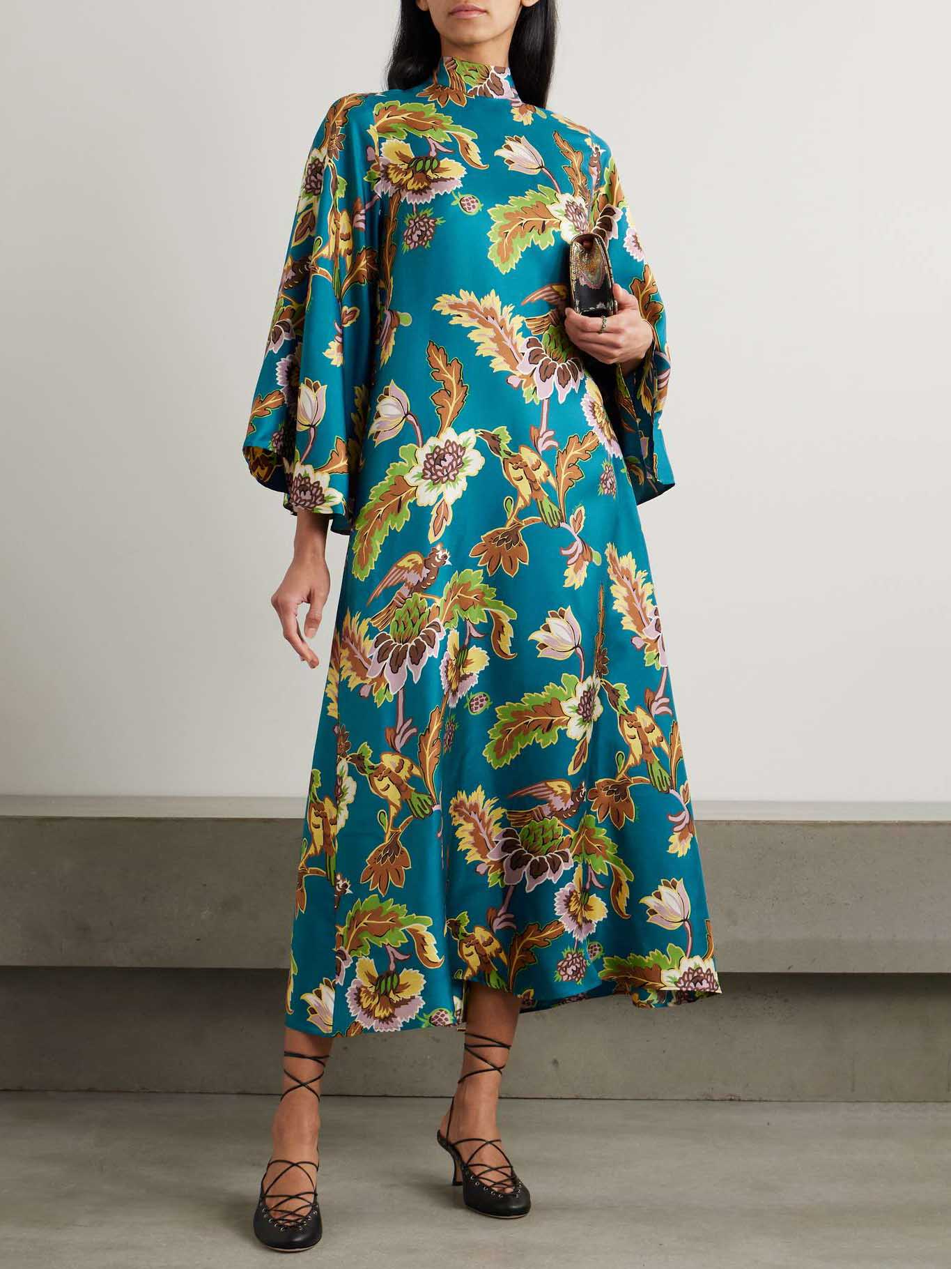 Exquisite Satin Garden Floral Print Trumpet Sleeve Maxi Dress