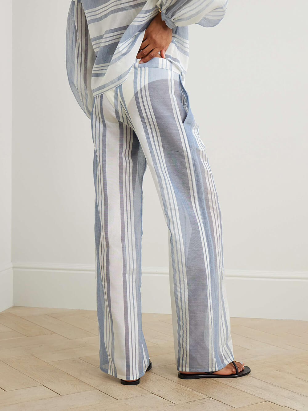Retro Striped Print Pockets Straight-Leg Pants