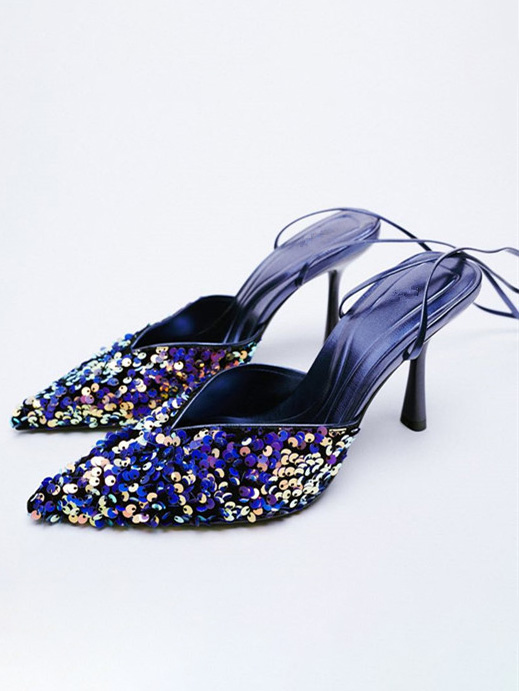 Sequined Slingback Pointed Toe Lace-up High Heels