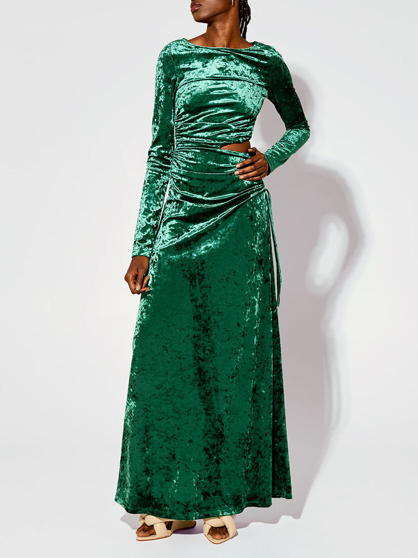 Modern Cutout Shirred Diamond Velvet Maxi Dress